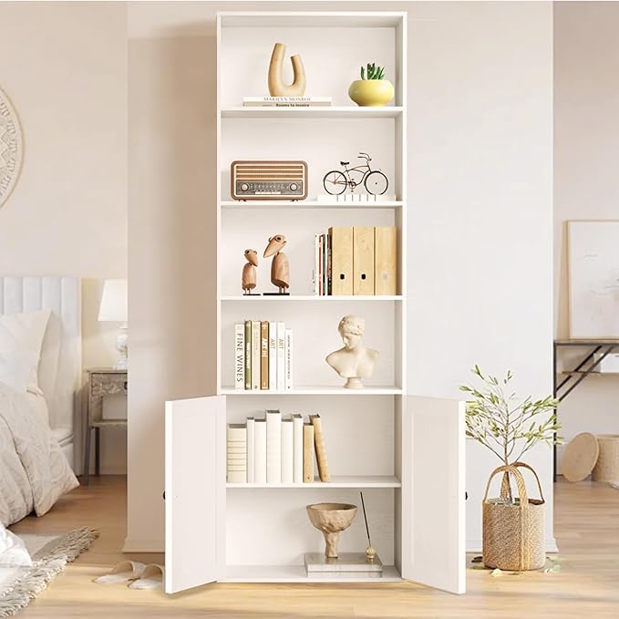 Tall White Bookcase with Doors – Wooden Bookshelf with Storage Cabinet & Shelves for Living Room, Bedroom, or Office-Ruum Studio Home