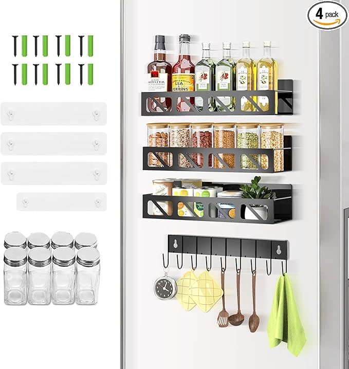 Magnetic Spice Rack Organizer for Fridge Seasoning Organizer for Kitchen storage with Screw or Adhesive Hanging,Magnetic Shelf with Hook for Refrigerator and Oven (3pack)-Ruum Studio Home