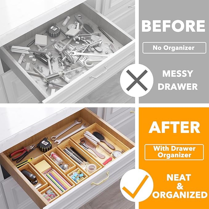 SpaceAid 7-Piece Bamboo Drawer Organizer Storage Boxes Set, Wood Tray Junk Drawer Organizers Multi-Use Divider Bins for Kitchen, Bathroom, Office Desk and Makeup Organization (7 Pack, Natural)-Ruum Studio Home