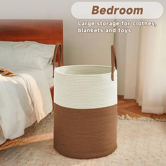 Large Woven Laundry Basket Hamper,100L Cotton Rope Storage Bin for Blankets,Toys and Clothes,Decorative Tall Nursery Hamper for Living Room,Baby Nursery,Bathroom and Bedroom,White and Brown-Ruum Studio Home