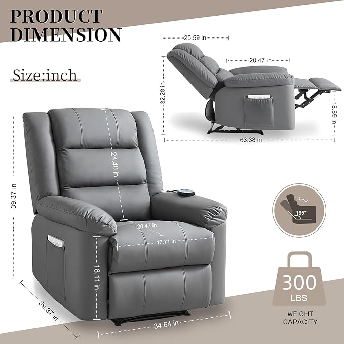 Recliner Chair with Massage & Heat, 8 Vibration Points, 5 Modes, 115-165° Reclining, Manual Recliner for Adults, Timer & Intensity Control, Faux Leather Massage Chair with Side Pocket for Living Room-Ruum Studio Home
