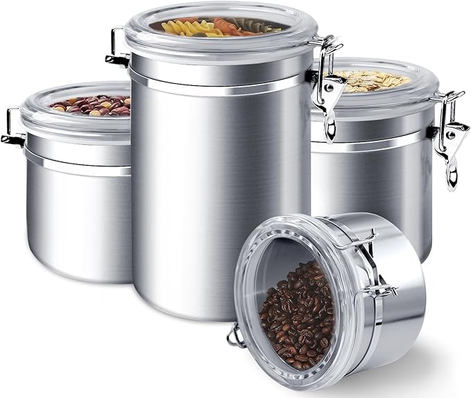 ENLOY 4-Piece Stainless Steel Airtight Food Storage Canister Set with Clear Lid, Containers Sets for Kitchen Counter for Sugar, Flour, Tea, Candy, Cookie, Spice, 28/32/38/65 oz-Ruum Studio Home