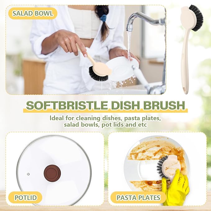 16 Pack Dish Brush with Handle Dish Scrubber Brush with Built-in Scraper Kitchen Scrub with Stiff Bristles Long Scrubber for Home Restaurant Pot Sink Washing Cleaning Supplies, Beige-Ruum Studio Home
