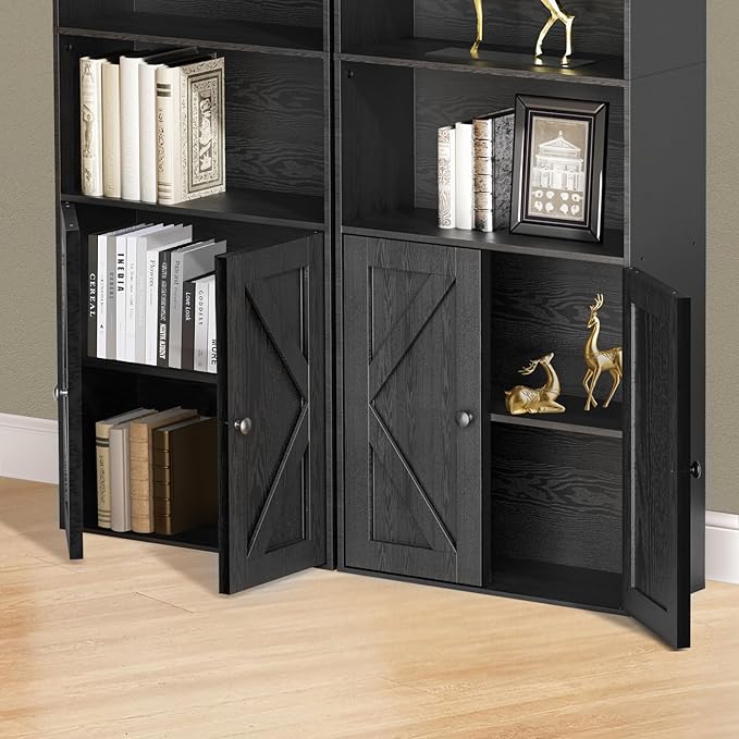 Tall Wooden Bookshelf with Cabinet and Doors – 70.86” Freestanding Tall Bookcase for Heavy Books, Living Room Storage, Home Office Shelf, Bedroom Organization – Vintage Black Wood Book Shelf-Ruum Studio Home
