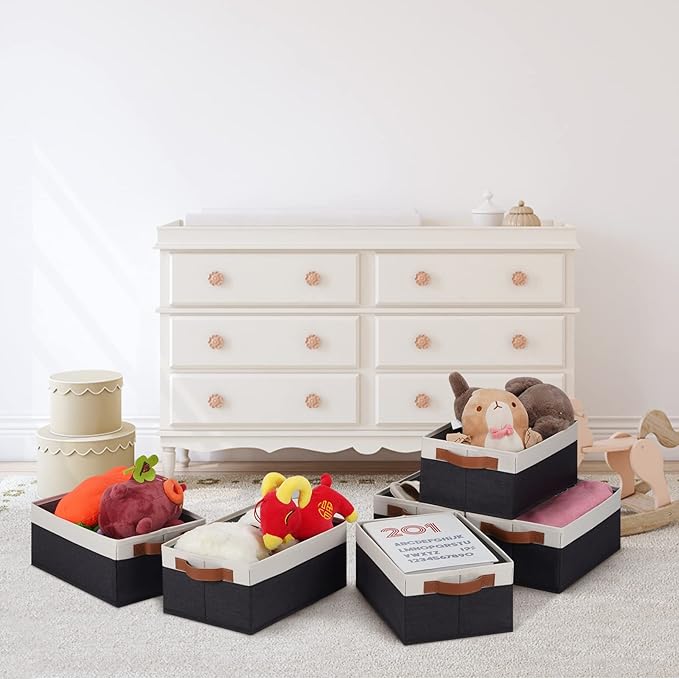 GhvyenntteS Storage Baskets for Organizing, Fabric Storage Bins with Leather H&les, Foldable Rectangular Storage Baskets for Shelves, Closets, Home, Office(Black/White, 6 Pack)11.8X7.9X5.1 in-Ruum Studio Home