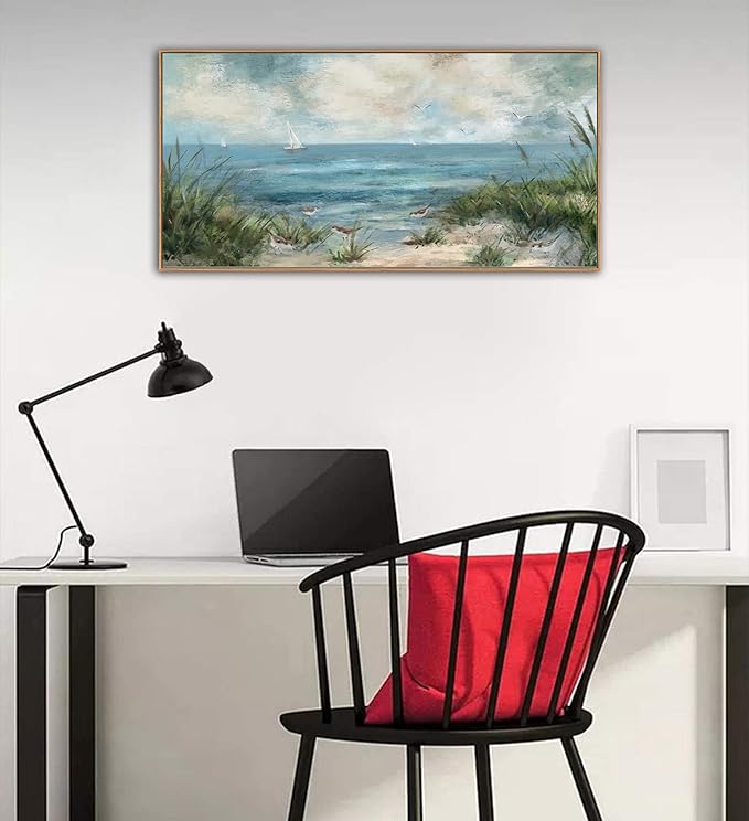 Sea Beach Vintage Seascape Canvas Prints Wall Decor Ocean Sailboat Seagull Beach Bird Reed Canvas Painting Artwork Living Room Bedroom Decoration Natural Framed-Ruum Studio Home