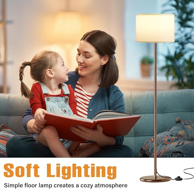 Ambimall 60'' Modern Floor Lamp with Shade, Tall Lamps for Living Room, Bedroom, Office, Dining Room, White Shade with Brown Pole(Without Bulb)-Ruum Studio Home