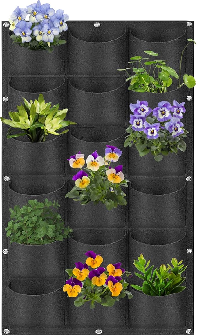 18 Pockets Hanging Planter Bags, Hanging Vertical Wall Mounted Plant Planting Grow Bags, Herb Garden Planter Outdoor Indoor Growing Bag, Gardening Vertical Greening Flower Container(1m×0.5m, Black)-Ruum Studio Home