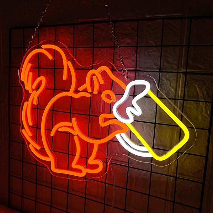 Squirrel Beer Neon Sign for Wall Decor Bar Neon Light Orange Squirrel Drinking Wine Led Light Animal LED Sign Dimmable LED Neon Light for Bar Bedroom Kidsroom Business Game Room-Ruum Studio Home