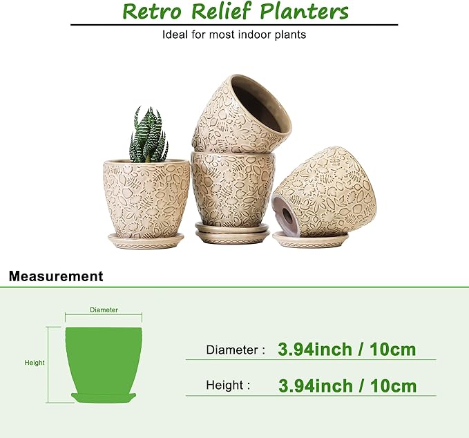 4 Inch Mini Plant Pots, Ceramic Succulent Planter with Drainage Hole and Saucers for Indoor Plants, Small Garden Pots for Succulent, Herb and Flower, Set of 4-Ruum Studio Home