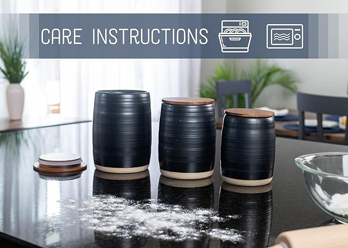 Nat & Jules Lidded Black 6 inch Ceramic and Wood Kitchen Canisters Set of 3-Ruum Studio Home