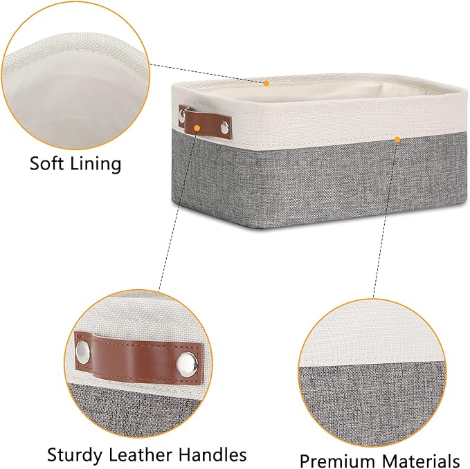 DULLEMELO Small Storage Baskets 6 Pack, Fabric Collapsible Gift Storage Baskets for Shelves, Closets, Nursery, Home, Office Organizing,Small Canvas Linen Rectangular Storage Bins (6-Pack, White&Grey)-Ruum Studio Home