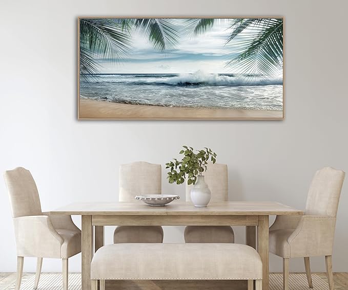 Framed Tropical Beach Wall Art - Ocean Waves Canvas Pictures Coastal Blue Sky and Sea Print Seaside Palm Tree Leaves Scene Painting Artwork Living Room Bedroom Office Home Decor 29" x 58"-Ruum Studio Home