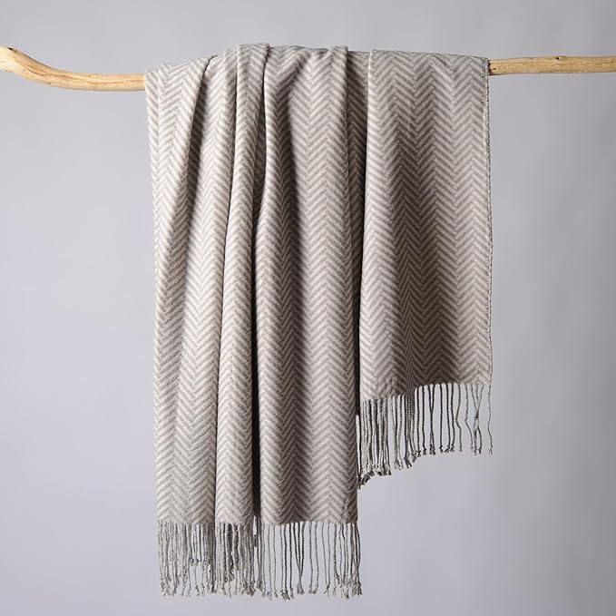 CUDDLE DREAMS Silk Throw Blanket with Hand-Knotted Fringe, Natural, Soft & Breathable (Herringbone Gray)-Ruum Studio Home