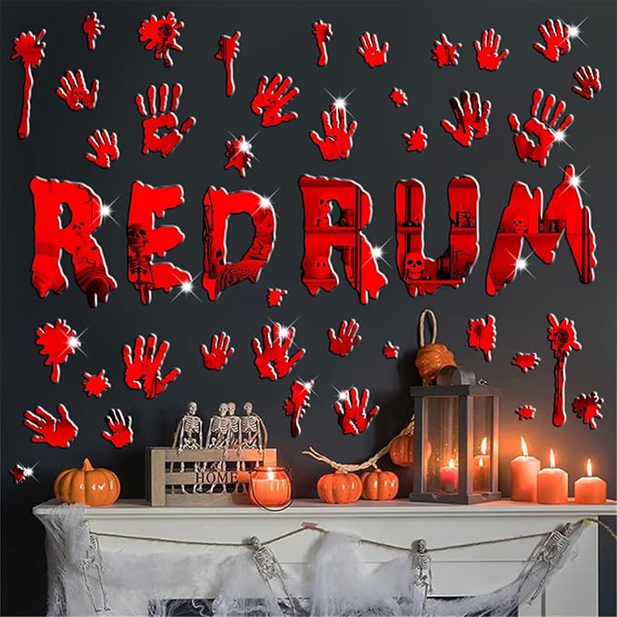 Halloween Decorations Stickers for Wall Bloody Handprint Decals for Bathroom Mirror Acrylic Halloween Party Supplies Decal Peel and Stick Scary Red Blood Stickers for Haunted House Party Home Office-Ruum Studio Home