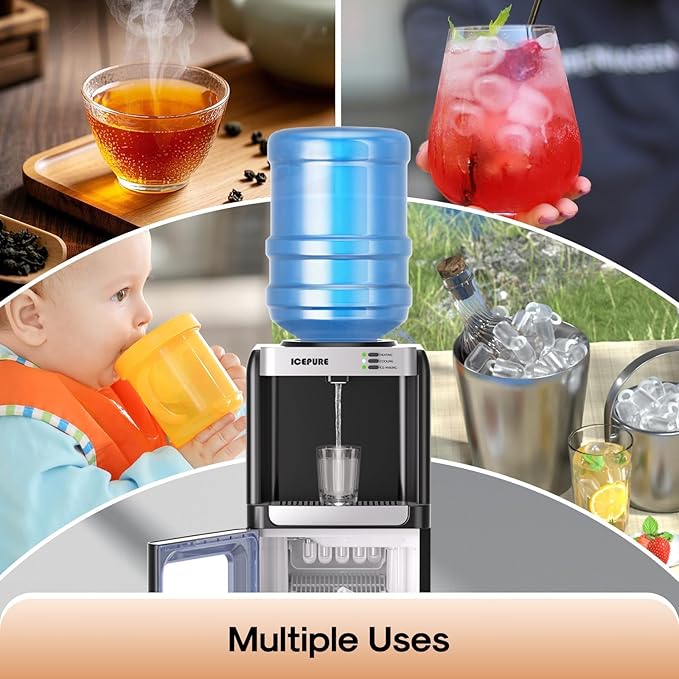 ICEPURE 3-in-1 Water Dispenser with Ice Maker, Water Cooler Dispenser for 5 Gallon Bottle Built-in Bullet Ice Maker Top Loading, Hot and Cold Water Dispenser for Home/Office, 33lbs/24H, Child Lock-Ruum Studio Home