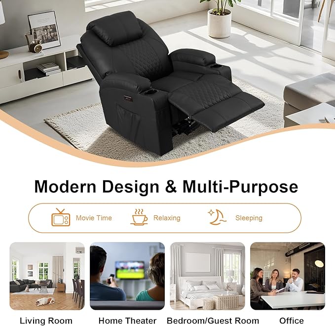 AHMED Power Recliner Chair with Vibration Massage & Heat for Adults, Faux Leather Home Theater Seating with Cup Holders/LED Lights/USB Ports/Side Pockets for Living Room, Black-Ruum Studio Home