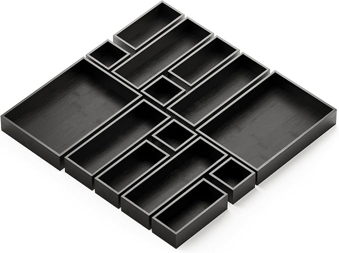 SpaceAid 14-Piece Bamboo Drawer Organizer Storage Boxes Set, Wood Tray Junk Drawer Organizers Multi-Use Divider Bins for Kitchen, Bathroom, Office Desk and Makeup Organization (14 Pack, Black)-Ruum Studio Home
