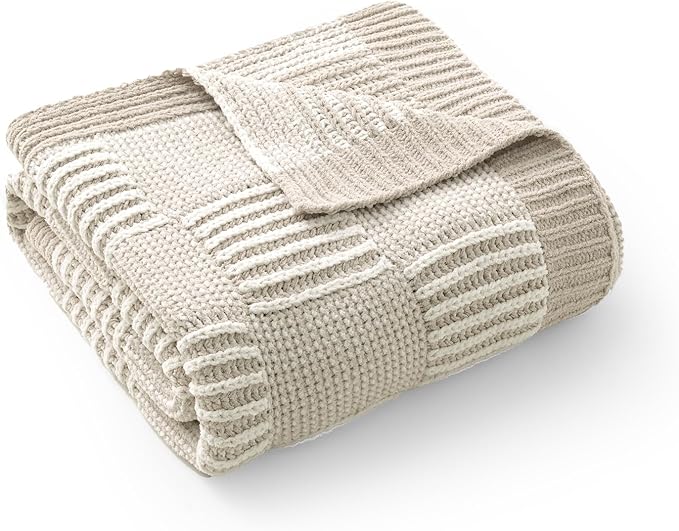 Amélie Home Chenille Knit Throw Blanket for Couch, Checkered Texture Decorative Soft Blanket for Sofa, Bed & Living Room, 50"x60", Khaki & White-Ruum Studio Home