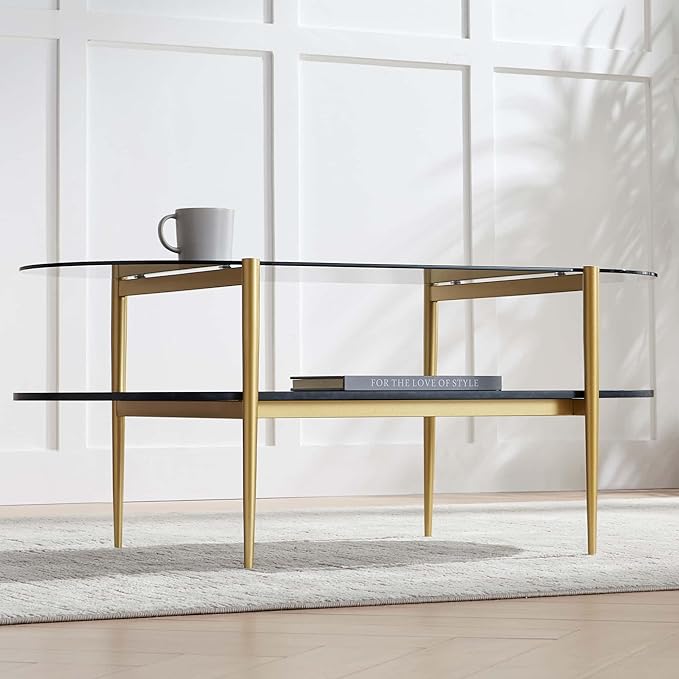 Oval Glass Coffee Table, Mid-Century Modern Design, L41 x W21 x H17 inch, for Living Room, Grey Glass Top, Black Marble Finish Wood Shelf & Gold Finish Frame-Ruum Studio Home