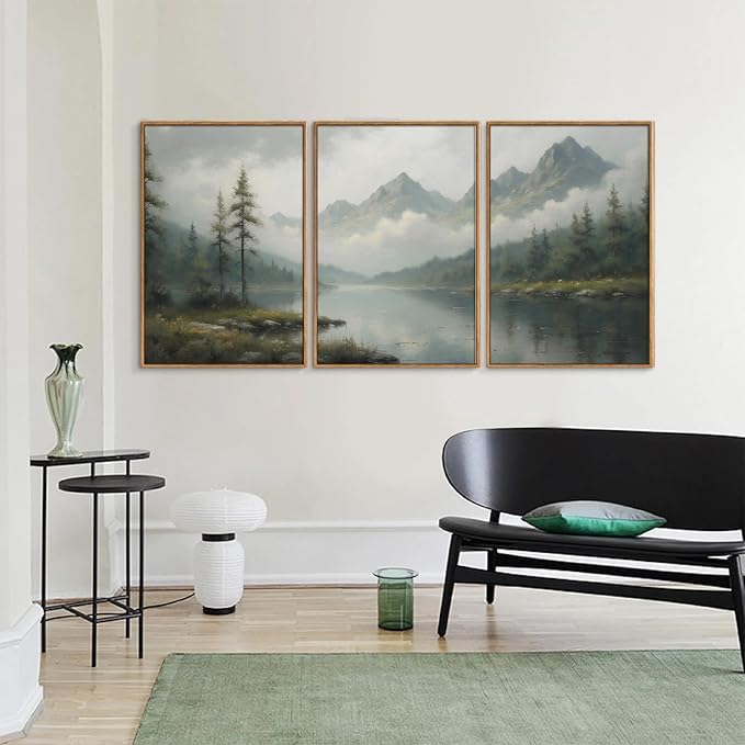 SIGNINART Large Green Forest Framed Canvas Wall Art Set, Misty Mountain Lake Scenery Wall Decor, Modern Foggy Wood Landscape Artwork, Oil Printing Style Nature Art Print for Living Room, Bedroom, Office 16 x24 x3-Ruum Studio Home