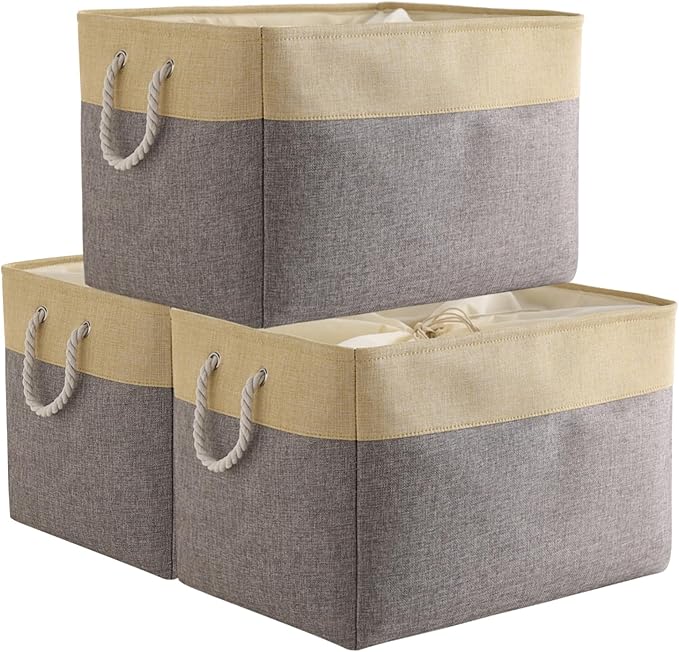 TheWarmHome Storage Bins Baskets for Organizing - Extra Jumbo 3 Pack 20.5Lx15.7Wx13.8H Sturdy Fabric Storage Basket for Shelves, Decorative Foldable Closet Nursery Toy (Gold&Grey)-Ruum Studio Home