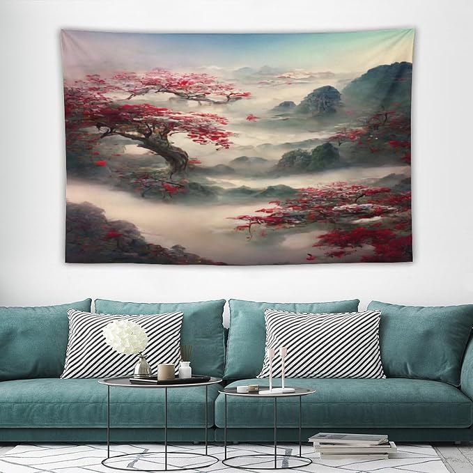 Japanese Tapestry, Red Plum Cherry Blossom Mountain, Asian Wall Art, Nature Landscape for Bedroom & Living Room Decor, 60"x40"-Ruum Studio Home