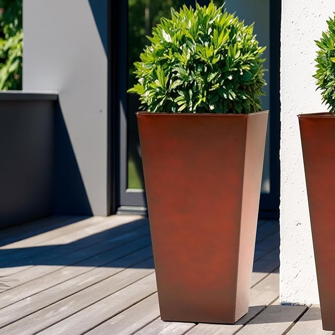 WORTH Garden 25" Large Metal Glazed Planter Set of 2, Luxurious Glossy Finish Red Tall Square Tapered Steel Plant Pots, Decor Flower Pot Indoor & Outdoor, Drainage Hole & Dual-Purpose Plant Saucer-Ruum Studio Home