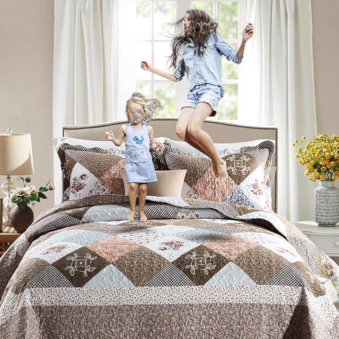 NEWLAKE Quilt Bedspread Sets-Checkered Floral Reversible Coverlet Set,Queen Size-Ruum Studio Home