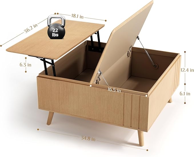 Lift Top Coffee Table with Storage,36" Large Square Coffee Tables for Living Room,Mid Century Modern Center Table for Home Office, Oak-Ruum Studio Home