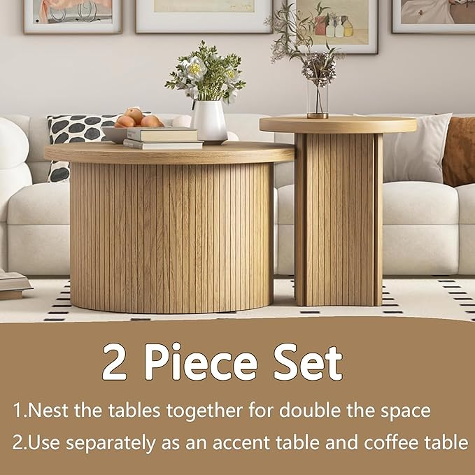 Set of 2 Nesting Coffee Tables Farmhouse,Round Coffee Table Living Room,Wood Finish Coffee Table Set, Small Coffee Tables, Sofa Side Living Room Bedroom Coffee Side Table (Large Size - Set)-Ruum Studio Home