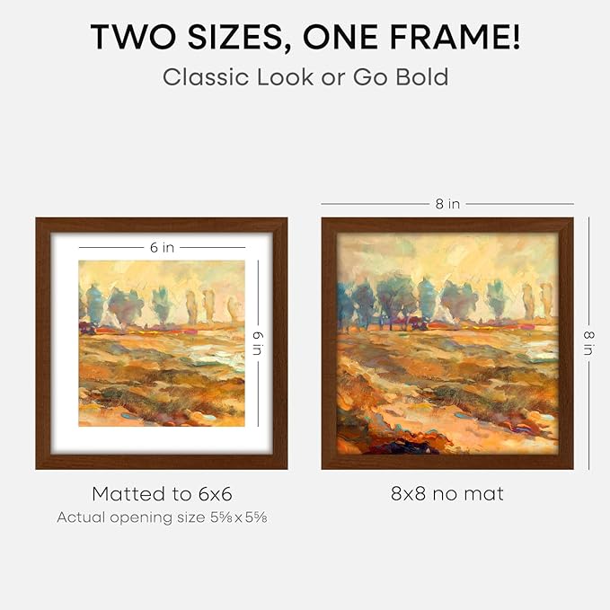 Homeforia 8x8 Picture Frame Brown, High-End Dark Oak 8 x 8 Square Brown Wood Frame with Mat 6 by 6 for Art, 8by8 Wooden Walnut Poster Frame Matted to 6x6 inch Photo, Tempered Glass, Wall Kit, Set of 1-Ruum Studio Home