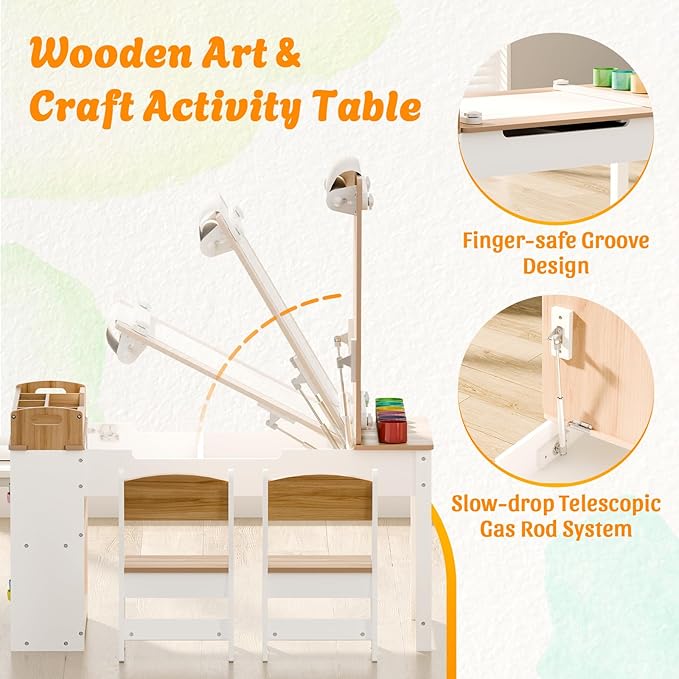 Kids Art Table and Chair - Toddler Craft Table and Chairs Set with 2 Chair & Bins, Kids Activity Desk with Paper Roll for Playrooms & Classroom, 44" L x 24" W, Natural-Ruum Studio Home