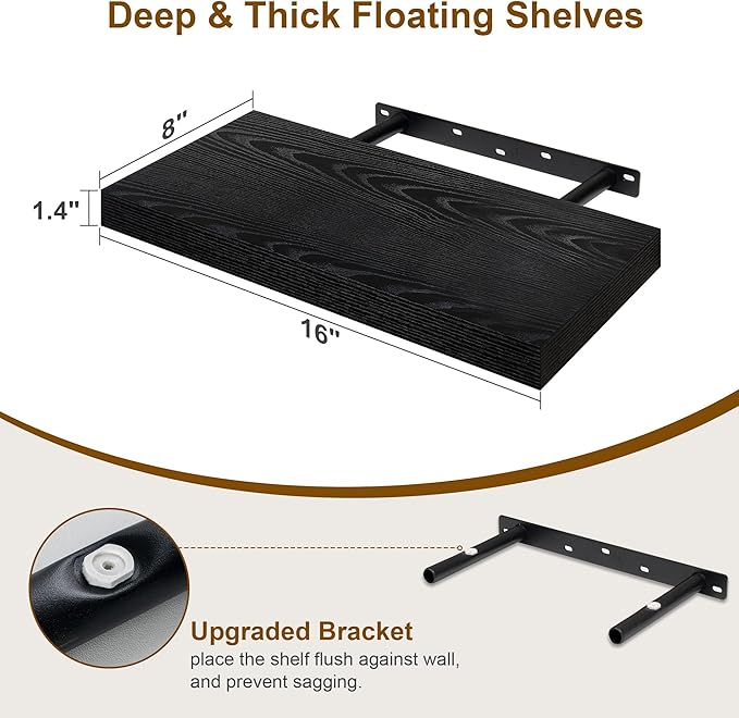 Fun Memories Black Floating Shelves 16 Inch Long, 8 Deep Floating Shelf Wall Mounted, 16 x 8 Inch Wooden Bathroom Shelves, Deep Storage Shelves for Living Room, Kitchen, Set of 2-Ruum Studio Home