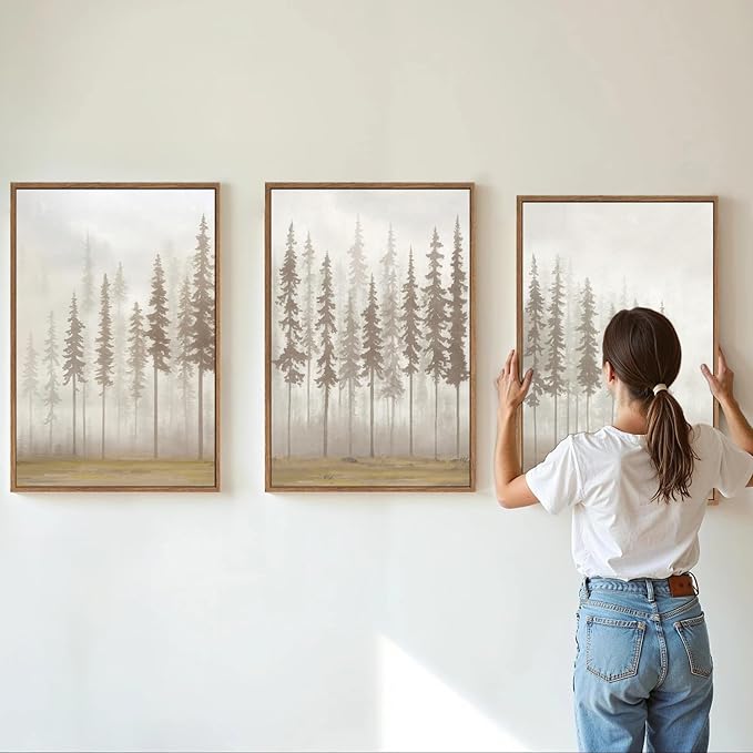 SIGNINART Large Pine Tree Framed Canvas Wall Art Set, Foggy Forest Landscape Wall Decor, Modern Beige Nature Artwork, Misty Forest Wall Painting for Living Room, Bedroom,Office 16 x24 x3-Ruum Studio Home