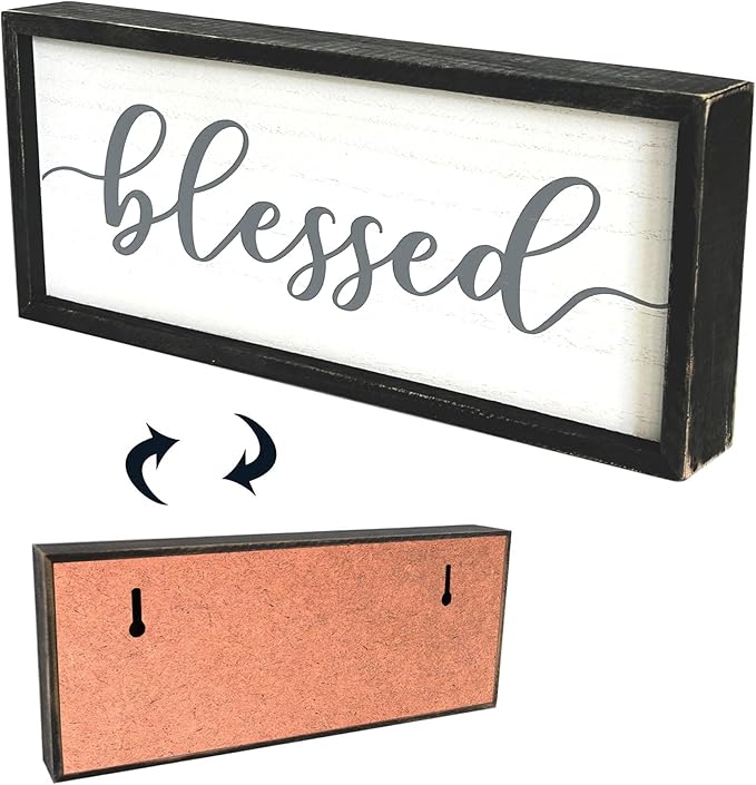 Rustic Blessed Freestanding Sign Home Decor for Living Room - Farmhouse Framed Blessed Wall Art Solid Wood Grey 12x5 Inches-Ruum Studio Home