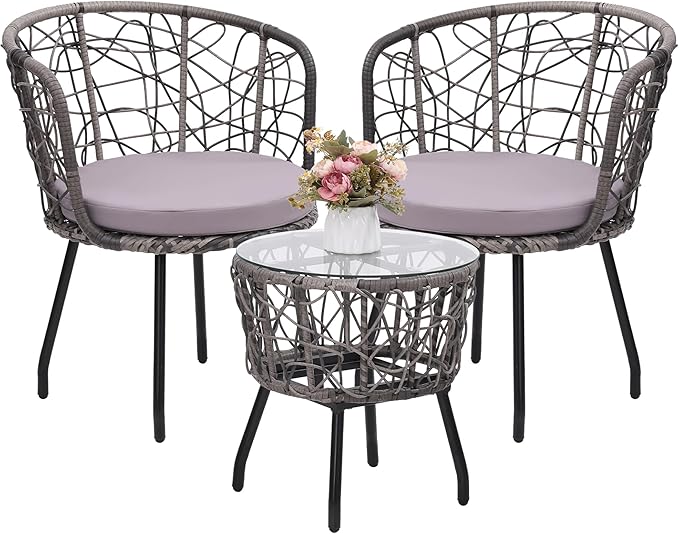 Kromax 3 Piece Bistro Set, Modern Outdoor Wicker Patio Furniture with Tempered Glass Table Top and 2 Chairs, Washable Cushions, Grey Rattan and Grey Cushion-Ruum Studio Home