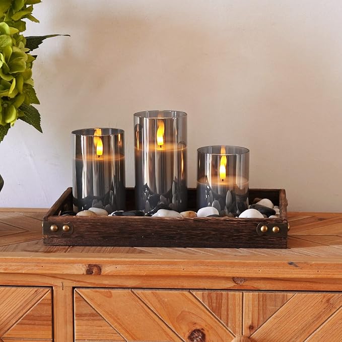 Homemory Grey Glass Flameless Candles, Battery Operated LED Pillar Candles with Remote Control and Timer, Radiance Candles, Real Wax, Set of 3,D3 xH4 5" 6"-Ruum Studio Home
