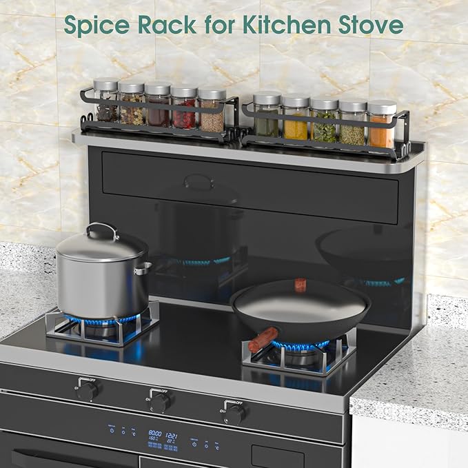 LUCYCAZ 2 Pack Wall Mounted Spice Rack with 16 Hooks, Spice Organizer Shelf for Stove Cabinet Pantry Door,Screw or Adhesive Spice Shelf Hanging Wall Spice Rack in Kitchen and RV (Black, 2 PACK)-Ruum Studio Home