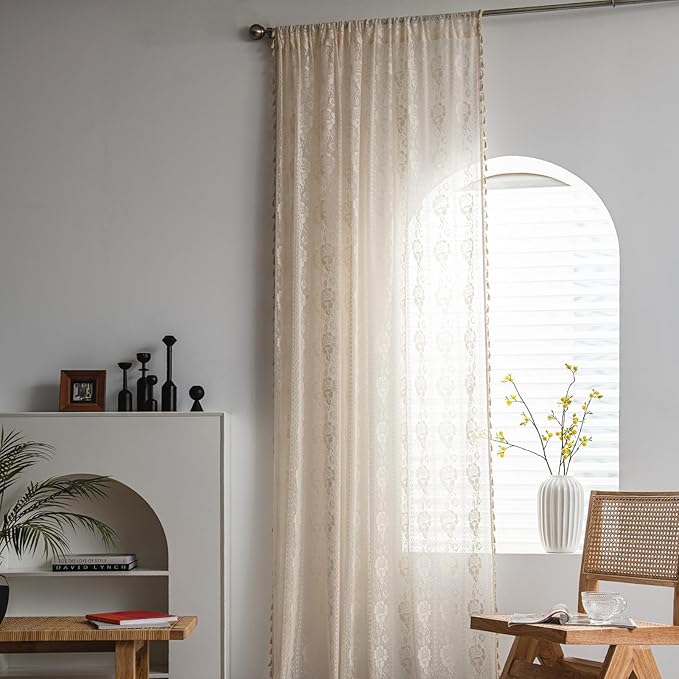 Sutuo Home Boho Sheer Curtains for Nursery Bedroom Kitchen,Bohemian Lace Curtains Crochet Florals Embroidery Handmade Knitted Tassels Vintage Chic Farmhouse Drape Rod Pocket 1 Panel 59" W x 72" L-Ruum Studio Home