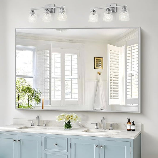 36x60inch Brushed Nickel Bathroom Mirror, Silver Rectangle Mirror with Frame, Large Rectangular Wall Mirrors for Bathroom, Living Roomm, Hair Salon, Big Mirror Hang Horizontal/Vertical-Ruum Studio Home