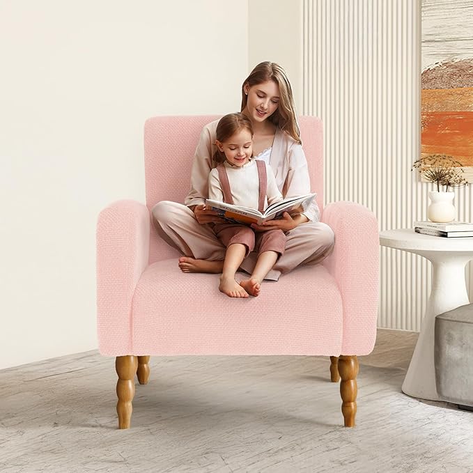 Chenille Fabric Accent Chair, Upholstered Armchair with Solid Wood Legs, Modern Living Room Accent Chair, Comfy Single Sofa Chair Reading Club Chair for Bedroom Reception Lounge, Pink-Ruum Studio Home