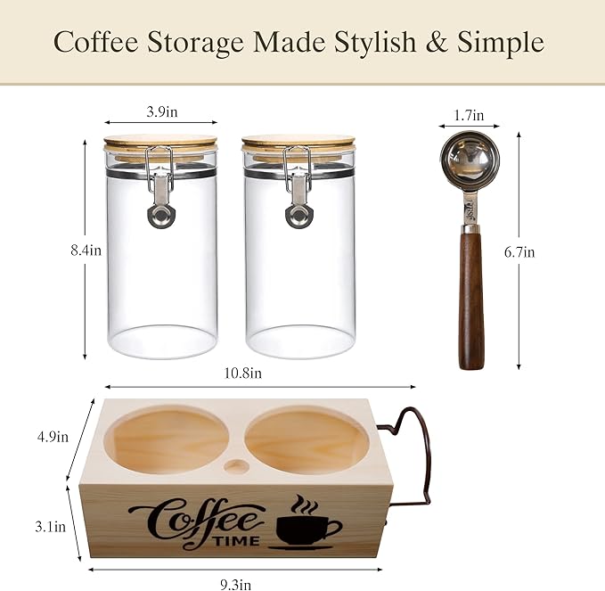 Glass Coffee Canister Set with Shelf & Spoon 2 Piece Coffee Containers for Coffee Bean Storage Airtight Seal, Coffee Bar Accessories Filter Holder for Kitchen Organization-Ruum Studio Home