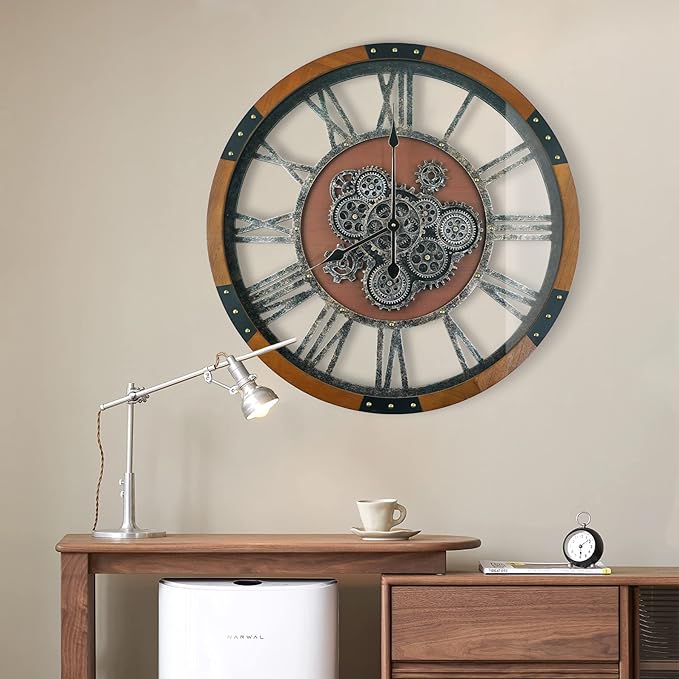 30 Inch Moving Gear Wall Clock, Oversized Wall Clocks, Clock Living Room Decor, Solid Wood Frame, Battery Operated, Large Wall Clock with Steampunk Industrial for Fireplace(Machilus)-Ruum Studio Home