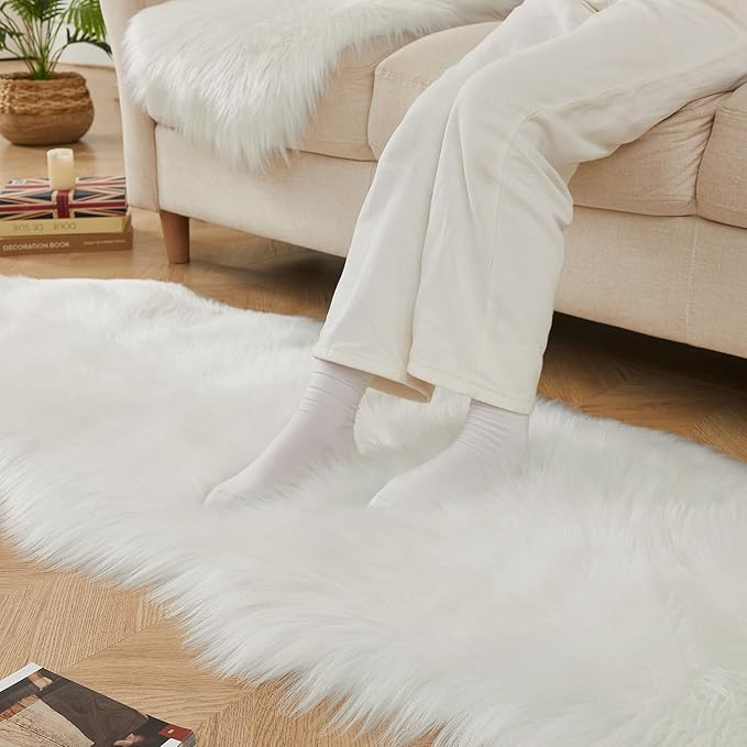 AMTOVO Faux Sheepskin Rug, White Ultra Soft Fluffy Shag Area Rug, 2 x 6 ft Faux Fur Rug for Bedroom Sofa Throw Cushion Room Decor, Sheepskin-Ruum Studio Home