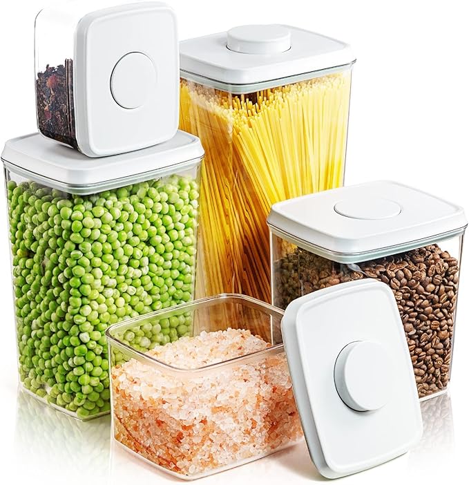 Pop Up Lid Food Storage Containers, Clear Storage Containers for Pantry Airtight Kitchen Containers Storage Set - 5 Pack for Cereal, Flour and Sugar, 3.5Qt, 2.9Qt, 2.1Qt, 1.3Qt, 0.6Qt-Ruum Studio Home