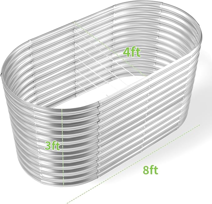 Land Guard 8x4x3ft Oval Galvanized Raised Garden Beds, Large-Capacity Metal Planter Box Outdoor, Durable Deep Raised Garden Bed 3ft Tall, Raised Beds for Gardening Vegetables, Classic Silver-Ruum Studio Home