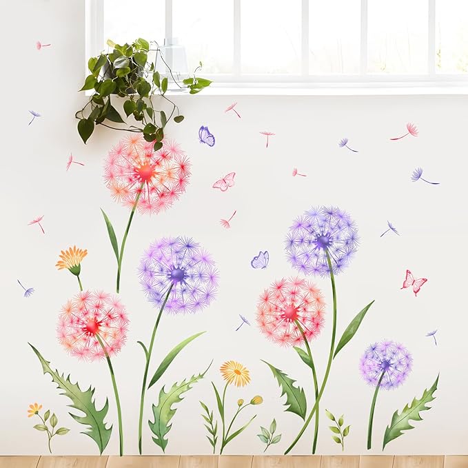 Dandelion Flower Butterfly Wall Decals Pink Purple Dandelion Plants Wall Stickers Peel and Stick Vinyl Wall Art Decor for Living Room Bedroom Office TV Sofa Backdrop Home Decor Gifts for Mom-Ruum Studio Home