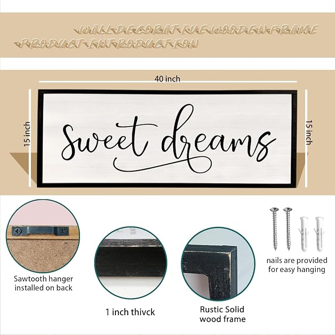 comurdyo Sweet Dreams Wall Decor Above Bed Sign 40" x 15" Master Bedroom Wooden Antique Framed Large Rustic Farmhouse Guest Room Beautiful Simple Hanging Plaque Over Bed Wall Art (Black)-Ruum Studio Home