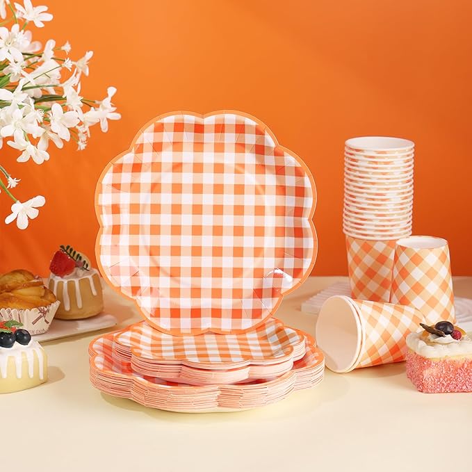 175 Pcs Orange and White Gingham Party Supplies - Orange Gingham Paper Plates and Napkins Sets Serve 25 - Scalloped Checkered Plates for Birthday Picnic Fall Halloween Thanksgivng Party Decorations-Ruum Studio Home